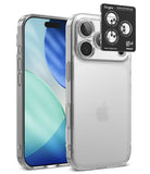 [Bundle] iPhone 18 Pro / Pro Max | Fusion + Privacy Protectors - A clear protective phone case shown on a smartphone, with a black Ringke camera lens protector sticker applied to the upper left corner of the case. The Apple logo is visible through the transparent case, indicating the phone is an iPhone.