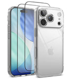 [Bundle] iPhone 18 Pro / Pro Max | Fusion + Protectors - Clear protective phone case with a raised camera bumper, shown on a smartphone from the back and front, with two black tempered glass screen protectors displayed in front on a white background.