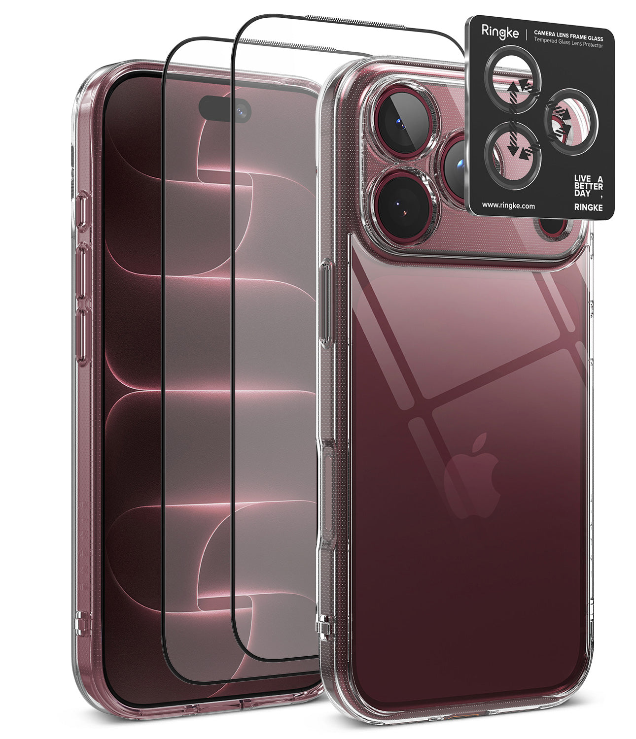 [Bundle] iPhone 18 Pro / Pro Max | Fusion + Protectors - Clear protective phone case with raised camera bezel shown on a smartphone, alongside two black tempered glass screen protectors and a black Ringke camera lens protector sticker, on a white background.