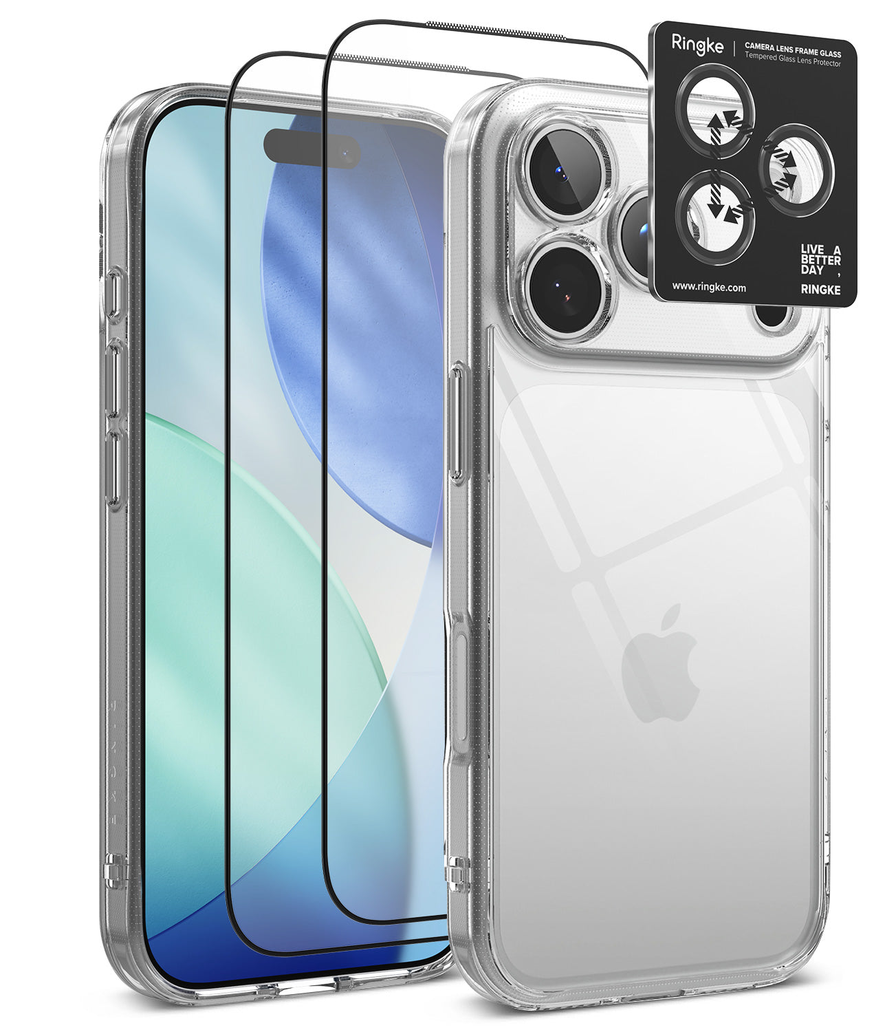 [Bundle] iPhone 18 Pro / Pro Max | Fusion + Protectors - Clear protective phone case with raised camera bezel shown on a smartphone, alongside two black tempered glass screen protectors and a black Ringke camera lens protector sticker, on a white background.