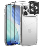 [Bundle] iPhone 18 Pro / Pro Max | Fusion + Protectors - Clear protective phone case with raised camera bezel shown on a smartphone, alongside two black tempered glass screen protectors and a black Ringke camera lens protector sticker, on a white background.