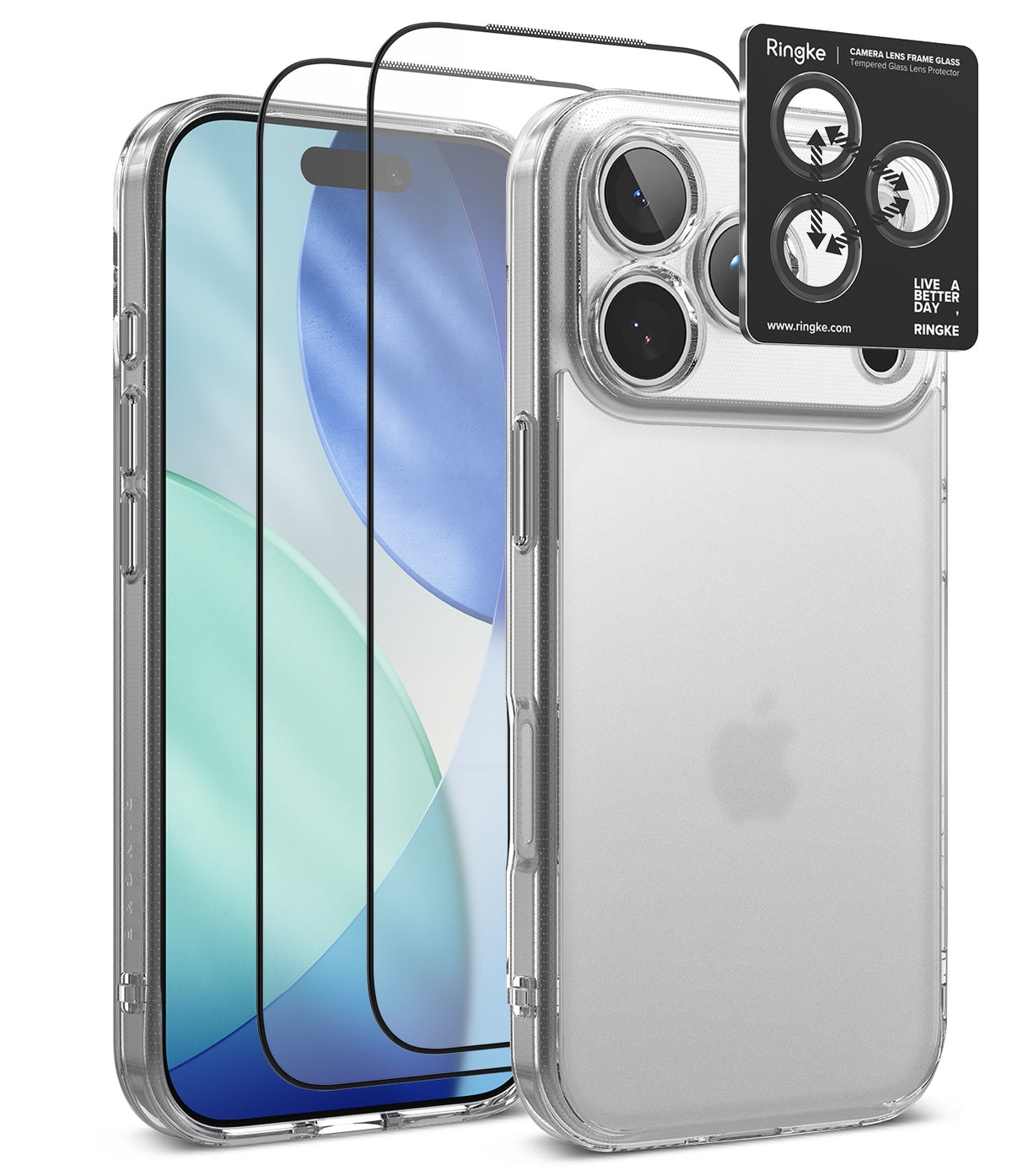[Bundle] iPhone 18 Pro / Pro Max | Fusion + Protectors - Clear protective phone case shown on a smartphone, with two black tempered glass screen protectors and a black Ringke camera lens protector sticker displayed beside it on a white background.
