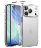 [Bundle] iPhone 18 Pro / Pro Max | Fusion + Protectors - Clear protective phone case with a raised camera bumper shown on a smartphone, alongside two black tempered glass screen protectors, on a white background.