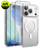[Bundle] iPhone 18 Pro / Pro Max | Fusion Magnetic + AR Protectors - Clear protective phone case with a MagSafe ring on the back, shown alongside two AR-coated screen protectors and a yellow AR Coating badge. The phone inside the case shows a silver back with a visible Apple logo.