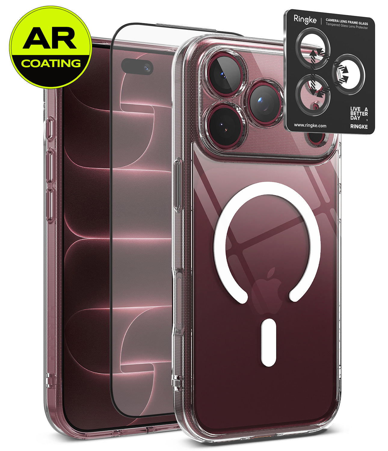 [Bundle] iPhone 18 Pro / Pro Max | Fusion Magnetic + AR Protectors - Clear protective phone case shown on a smartphone, with two AR-coated screen protectors and a Ringke camera lens protector sticker displayed beside it on a white background.