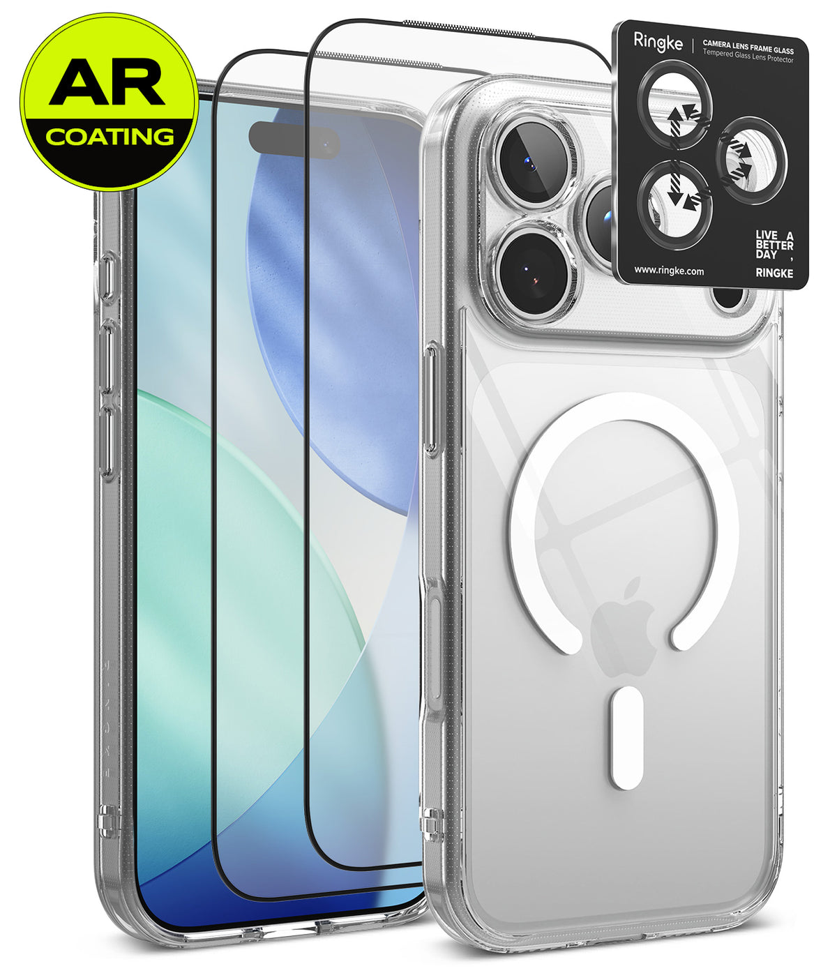 [Bundle] iPhone 18 Pro / Pro Max | Fusion Magnetic + AR Protectors - Clear protective phone case shown on a smartphone, with two AR-coated screen protectors and a Ringke camera lens protector sticker displayed beside it on a white background.