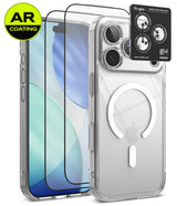 [Bundle] iPhone 18 Pro / Pro Max | Fusion Magnetic + AR Protectors - Clear protective phone case shown on a smartphone, with two AR-coated screen protectors and a Ringke camera lens protector sticker displayed beside it on a white background.