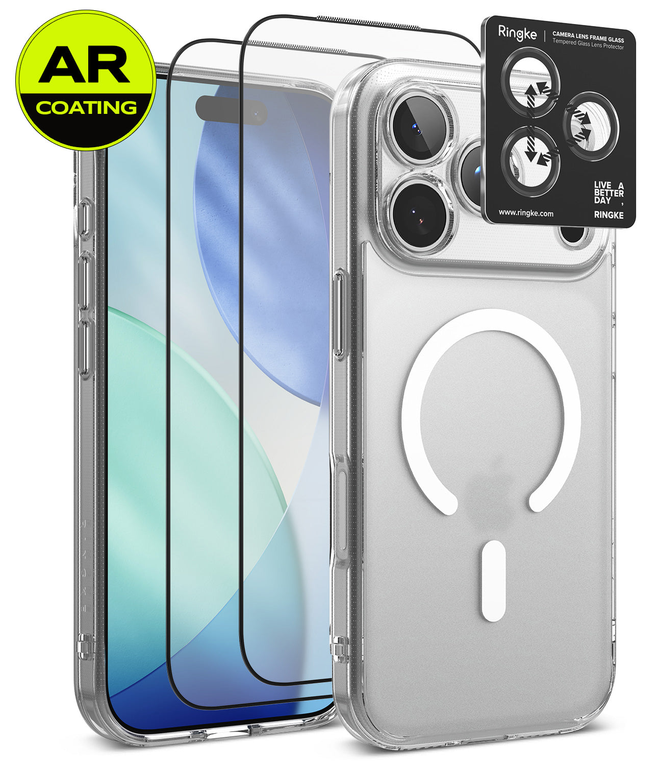 [Bundle] iPhone 18 Pro / Pro Max | Fusion Magnetic + AR Protectors - Clear protective phone case shown on a smartphone, with two AR-coated screen protectors and a Ringke camera lens protector sticker displayed beside it on a white background.