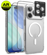 [Bundle] iPhone 18 Pro / Pro Max | Fusion Magnetic + AR Protectors - Clear protective phone case shown on a smartphone, with two AR-coated screen protectors and a Ringke camera lens protector sticker displayed beside it on a white background.