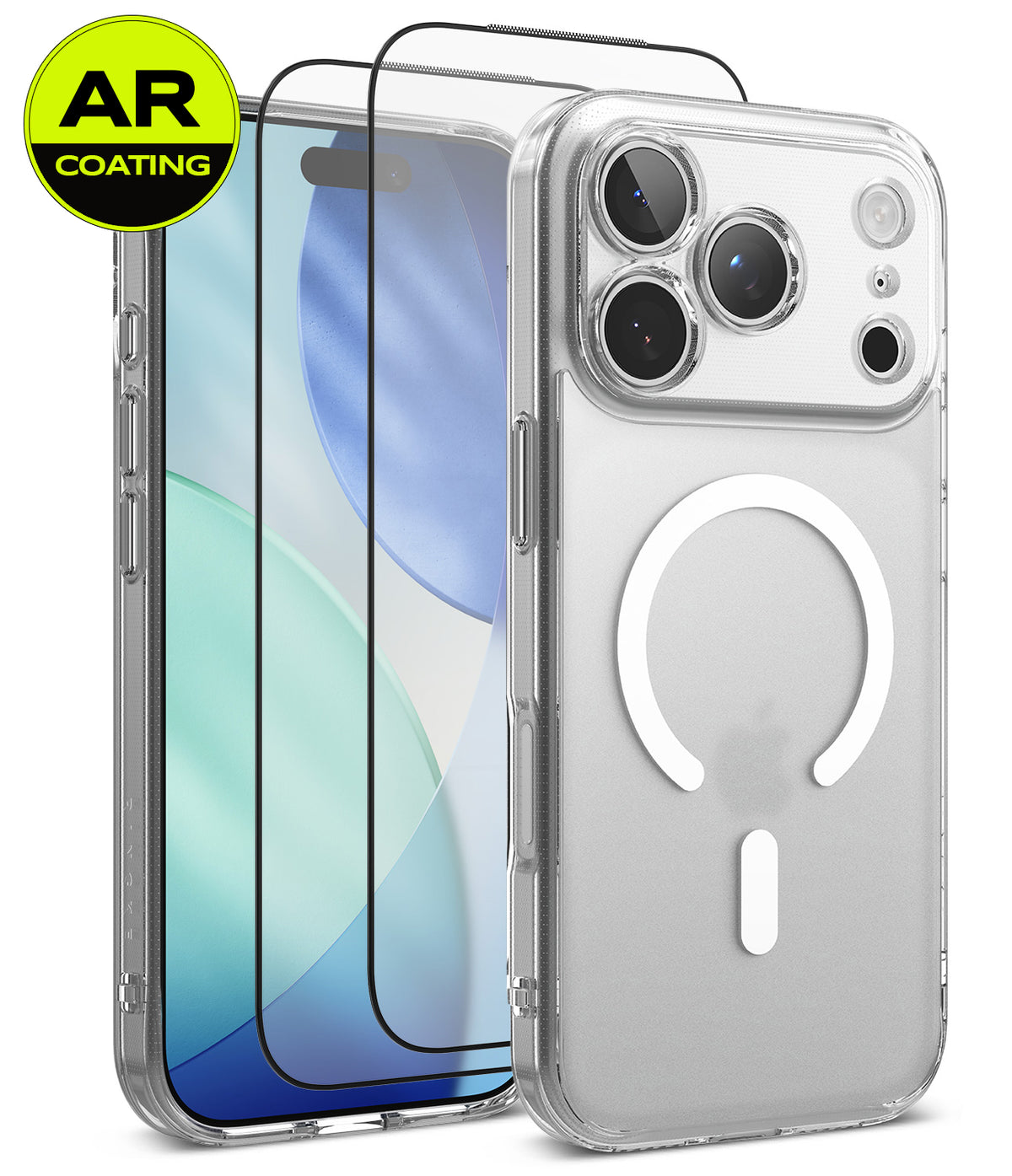 [Bundle] iPhone 18 Pro / Pro Max | Fusion Magnetic + AR Protectors - Clear protective phone case with a MagSafe ring on the back, shown alongside two AR-coated screen protectors and a yellow AR Coating badge. The phone inside the case shows a silver back with a visible Apple logo.