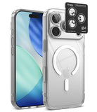 [Bundle] iPhone 18 Pro / Pro Max | Fusion Magnetic + Protectors - A clear protective phone case shown on a smartphone, with the back view featuring a large MagSafe ring and a black camera protector sticker labeled Ringke. The Apple logo is visible through the transparent case.