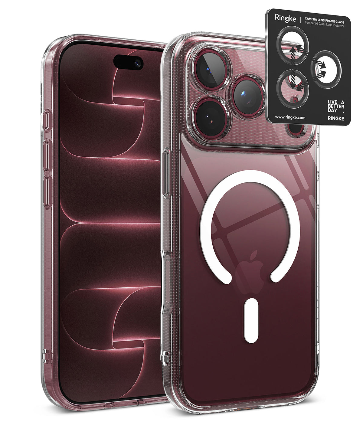 [Bundle] iPhone 18 Pro / Pro Max | Fusion Magnetic + AR Protectors - A clear protective phone case shown on a smartphone, with the back view featuring a large MagSafe ring and a black camera protector sticker labeled Ringke. The Apple logo is visible through the transparent case.