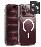[Bundle] iPhone 18 Pro / Pro Max | Fusion Magnetic + AR Protectors - A clear protective phone case shown on a smartphone, with the back view featuring a large MagSafe ring and a black camera protector sticker labeled Ringke. The Apple logo is visible through the transparent case.
