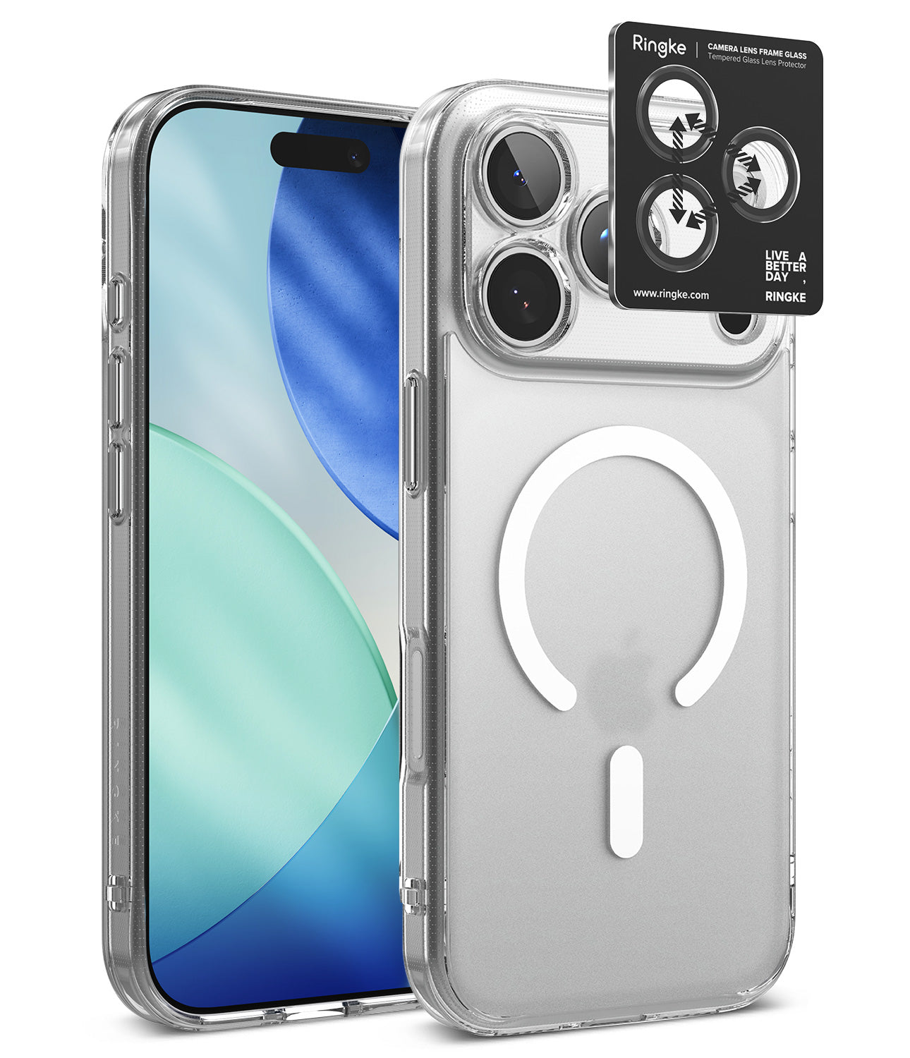[Bundle] iPhone 18 Pro / Pro Max | Fusion Magnetic + Privacy Protectors - A clear protective phone case shown on a smartphone, with the back view featuring a large white MagSafe ring and a black Ringke camera lens protector sticker applied near the top right. The phone screen is visible on the left, and the Ringke branding is visible on the accessory sticker.