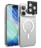 [Bundle] iPhone 18 Pro / Pro Max | Fusion Magnetic + Protectors - A clear protective phone case shown on a smartphone, with the back view featuring a large white MagSafe ring and a black Ringke camera lens protector sticker applied near the top right. The phone screen is visible on the left, and the Ringke branding is visible on the accessory sticker.