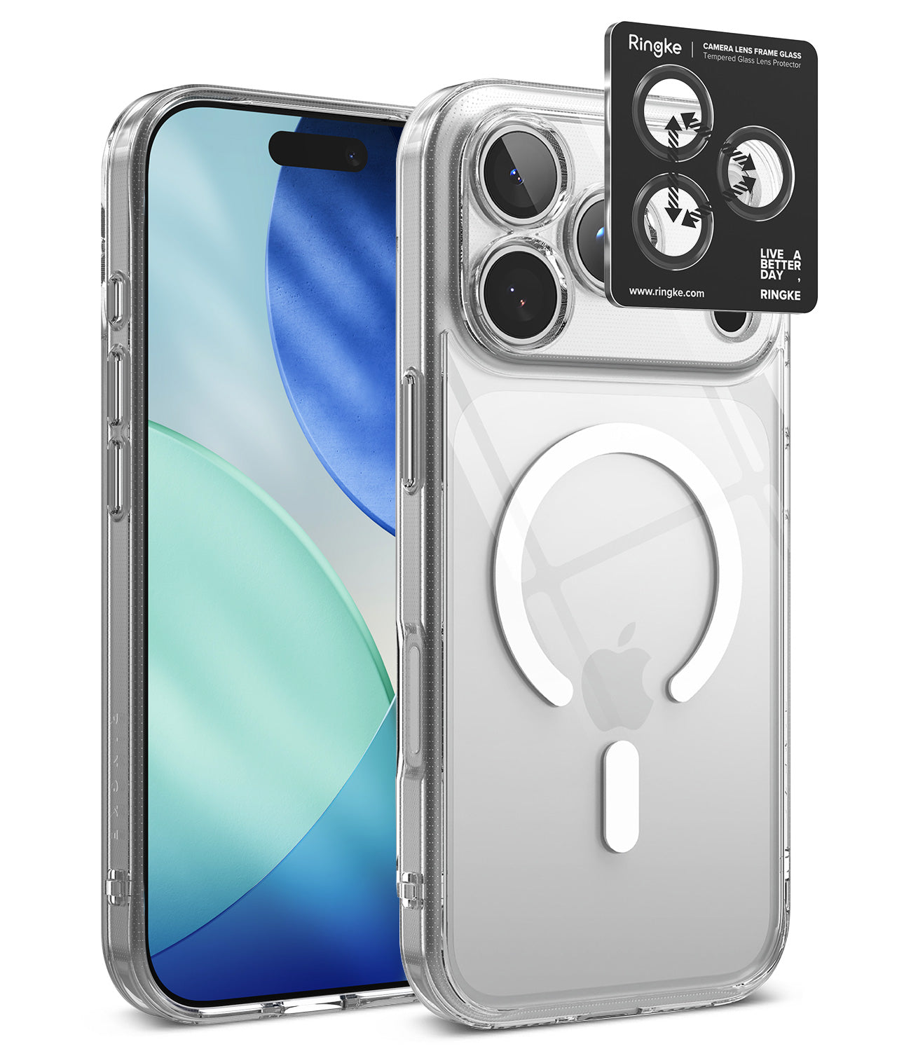 [Bundle] iPhone 18 Pro / Pro Max | Fusion Magnetic + AR Protectors - A clear protective phone case shown on a smartphone, with the back view featuring a large MagSafe ring and a black camera protector sticker labeled Ringke. The Apple logo is visible through the transparent case.