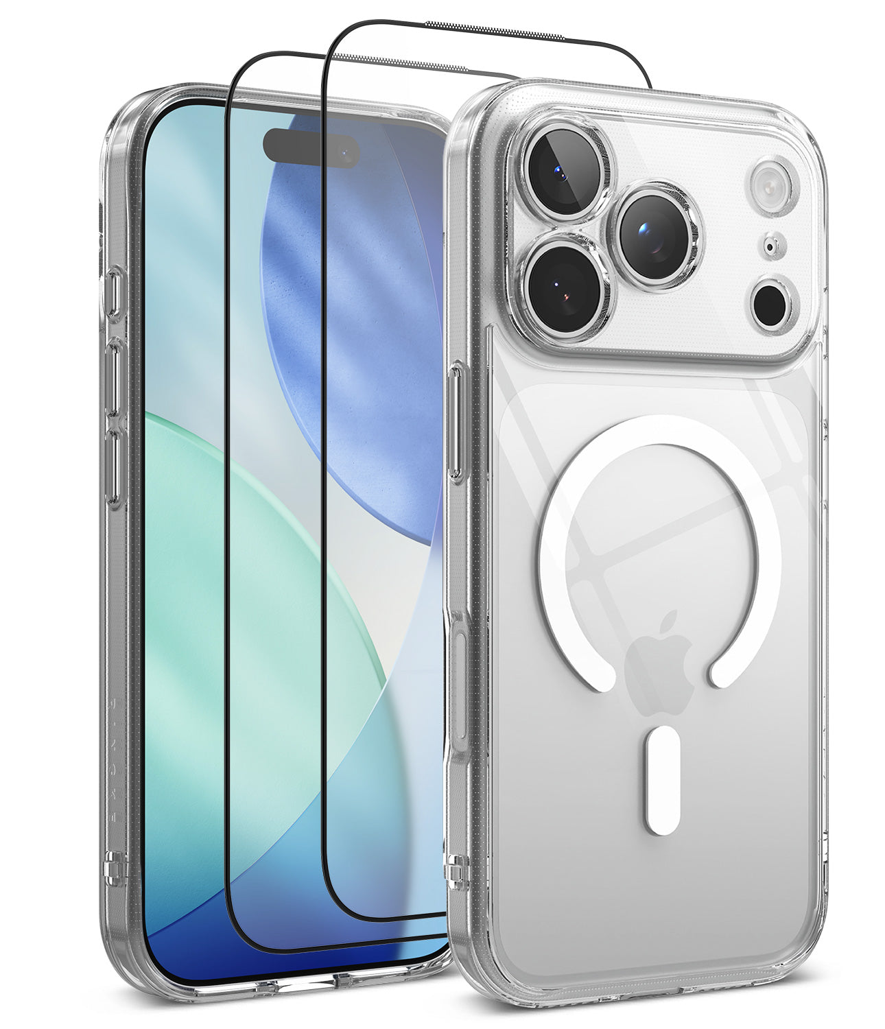 [Bundle] iPhone 18 Pro / Pro Max | Fusion Magnetic + Protectors - Clear protective phone case with MagSafe compatibility shown on a smartphone, alongside two tempered glass screen protectors, on a white background.
