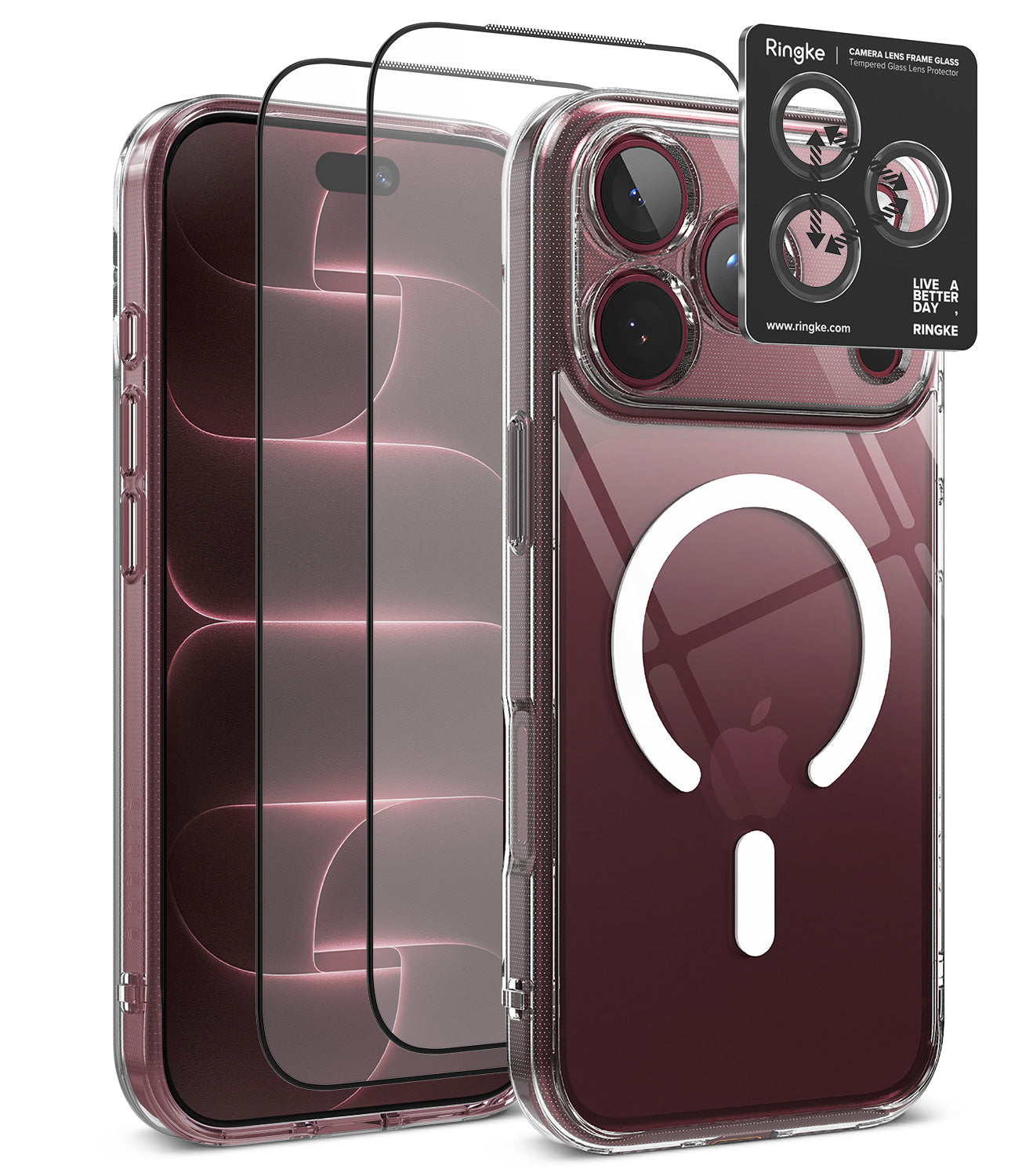 [Bundle] iPhone 18 Pro / Pro Max | Fusion Magnetic + Protectors - Clear protective phone case with a raised camera bezel, shown on a smartphone from front and back angles, alongside two black tempered glass screen protectors and a black Ringke camera lens protector sticker.