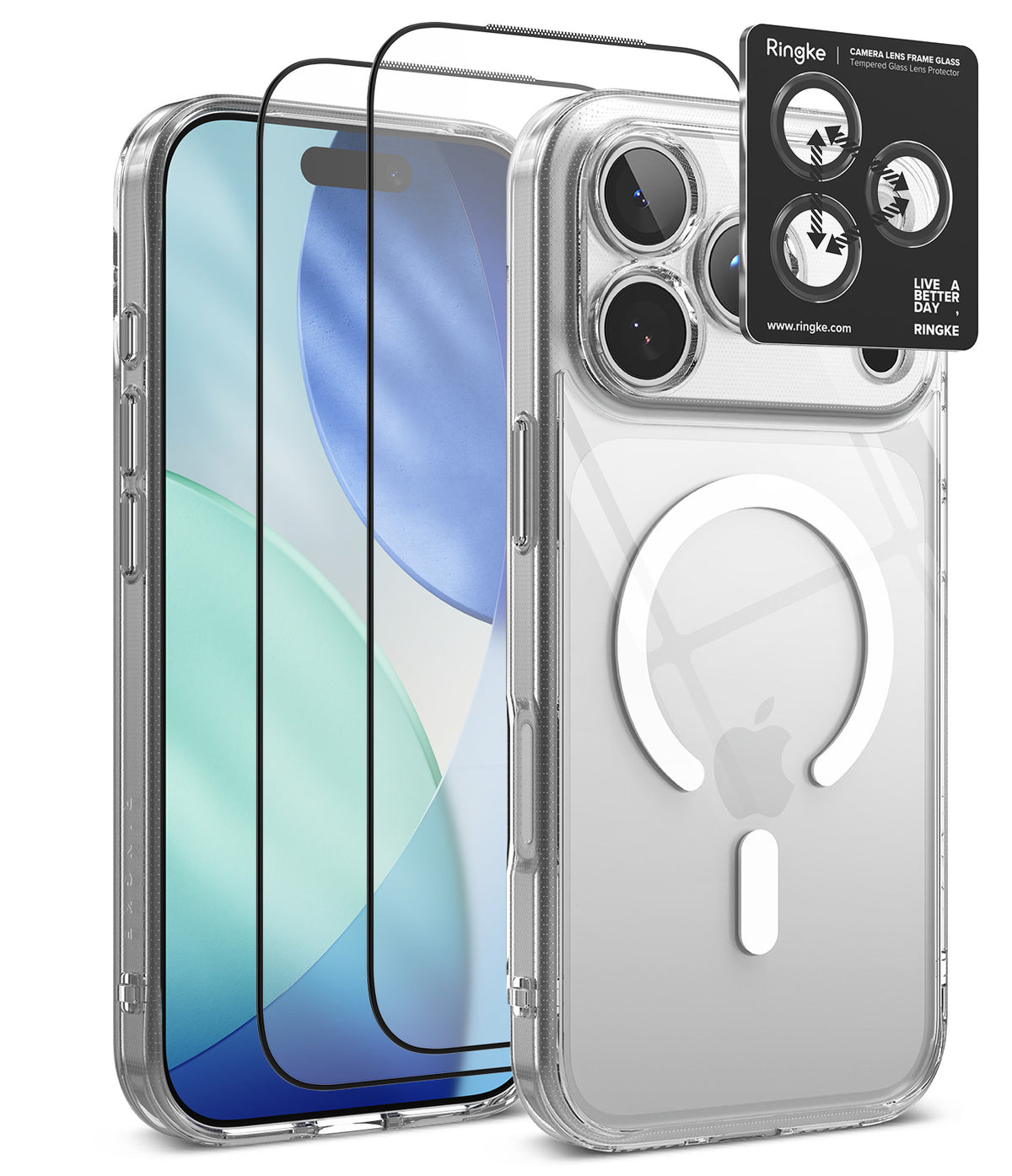 [Bundle] iPhone 18 Pro / Pro Max | Fusion Magnetic + Protectors - Clear protective phone case with a raised camera bezel, shown on a smartphone from front and back angles, alongside two black tempered glass screen protectors and a black Ringke camera lens protector sticker.