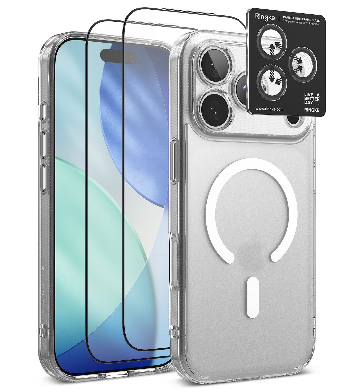 [Bundle] iPhone 18 Pro / Pro Max | Fusion Magnetic + Protectors - Clear protective phone case with a MagSafe-compatible ring on the back, shown alongside two black tempered glass screen protectors and a black Ringke camera lens protector sticker on a white background.