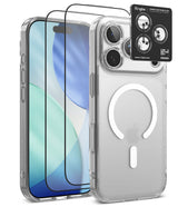 [Bundle] iPhone 18 Pro / Pro Max | Fusion Magnetic + Protectors - Clear protective phone case with a MagSafe-compatible ring on the back, shown alongside two black tempered glass screen protectors and a black Ringke camera lens protector sticker on a white background.
