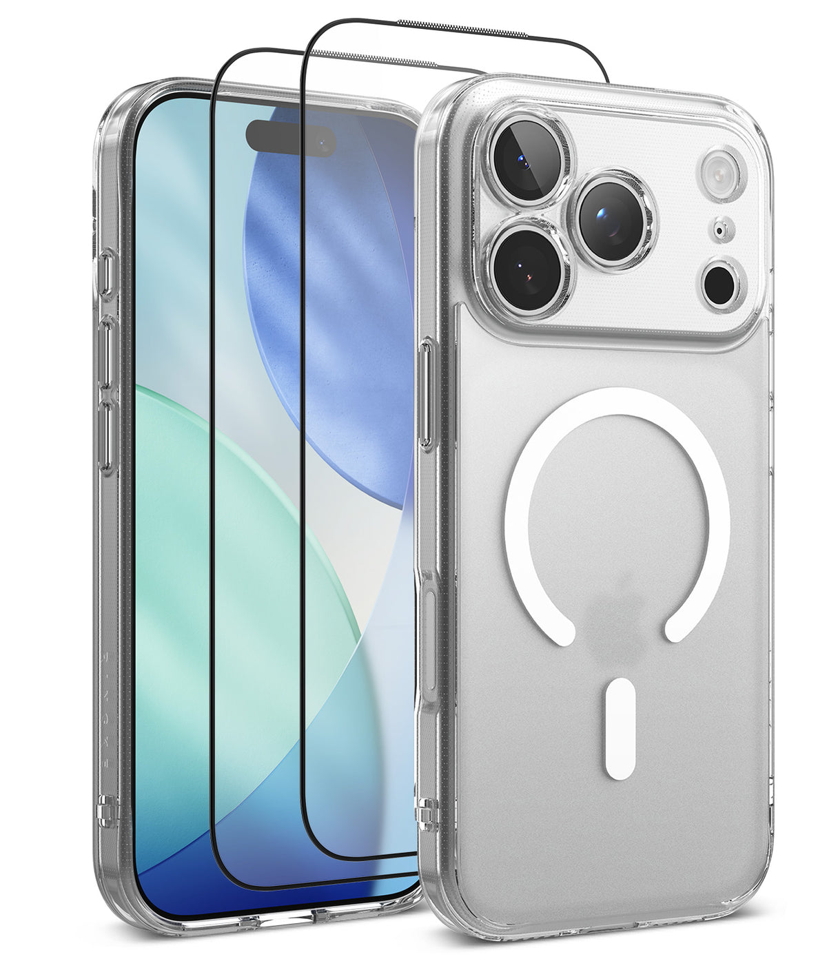 [Bundle] iPhone 18 Pro / Pro Max | Fusion Magnetic + Protectors - A clear protective phone case shown on a smartphone, alongside two black tempered glass screen protectors. The case features a white MagSafe-compatible circular ring on the back.