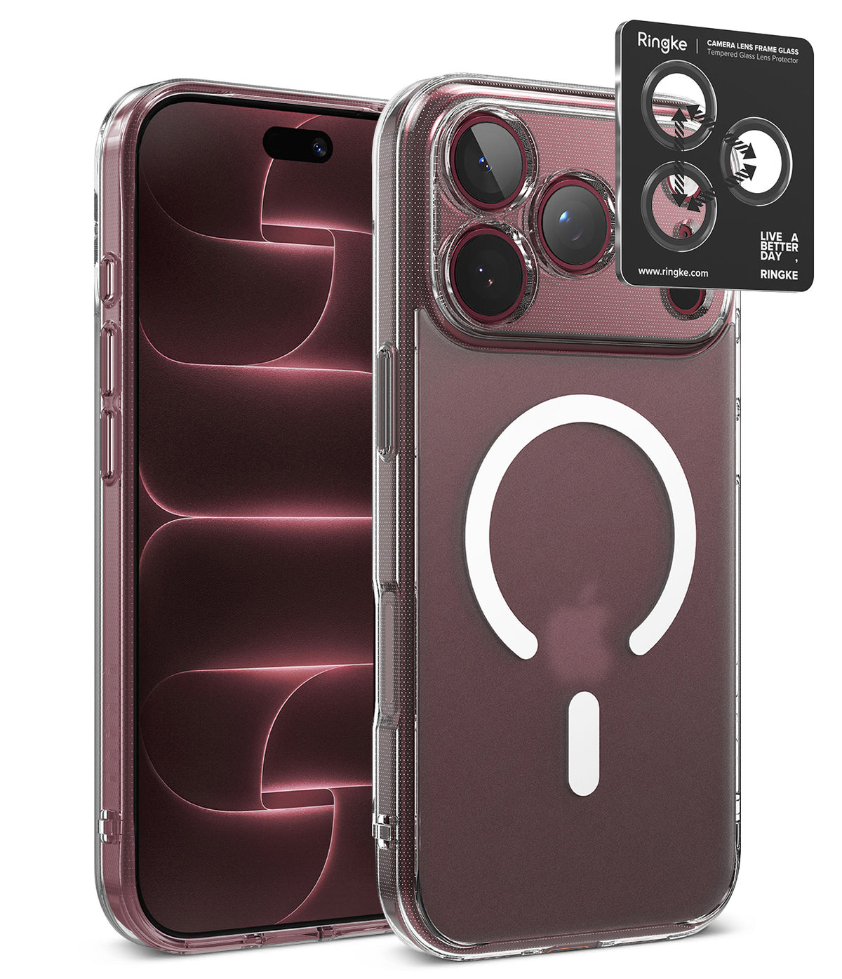 [Bundle] iPhone 18 Pro / Pro Max | Fusion Magnetic + Privacy Protectors - A clear protective phone case shown on a smartphone, with the back view featuring a large white MagSafe ring and a black Ringke camera lens protector sticker applied near the top right. The phone screen is visible on the left, and the Ringke branding is visible on the accessory sticker.