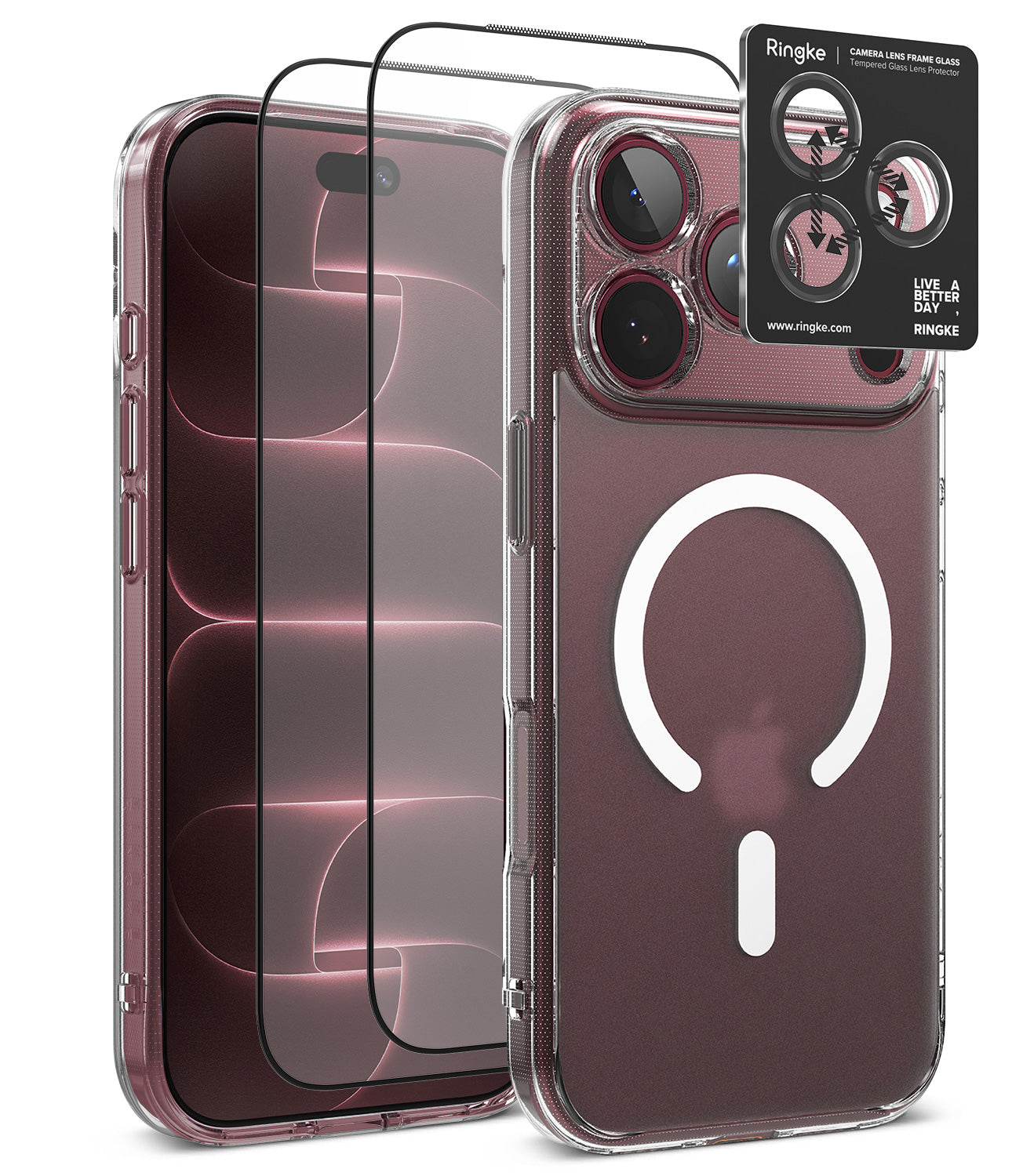 [Bundle] iPhone 18 Pro / Pro Max | Fusion Magnetic + Protectors - Clear protective phone case with a MagSafe-compatible ring on the back, shown alongside two black tempered glass screen protectors and a black Ringke camera lens protector sticker on a white background.