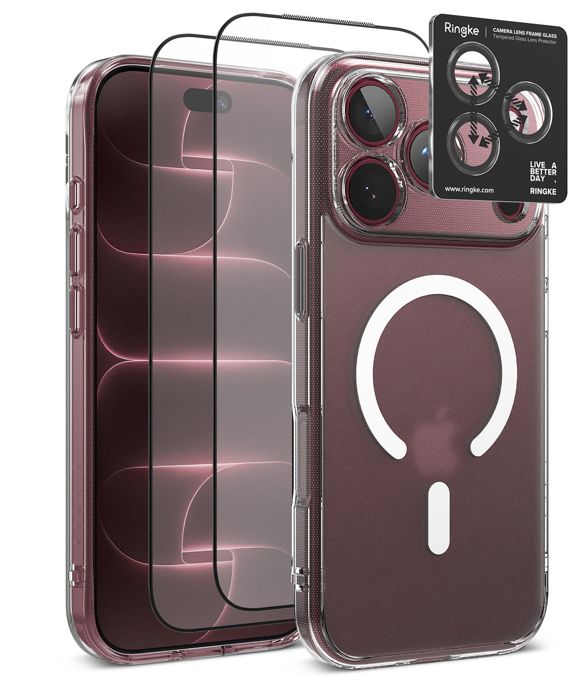 [Bundle] iPhone 18 Pro / Pro Max | Fusion Magnetic + Protectors - Clear protective phone case with a MagSafe-compatible ring on the back, shown alongside two black tempered glass screen protectors and a black Ringke camera lens protector sticker on a white background.