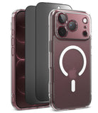 [Bundle] iPhone 18 Pro / Pro Max | Fusion Magnetic + Privacy Protectors - Three transparent phone cases shown on smartphones against a white background, with the front case featuring a white MagSafe ring and a raised camera cutout.