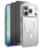 [Bundle] iPhone 18 Pro / Pro Max | Fusion Magnetic + Privacy Protectors - Three transparent phone cases shown on smartphones against a white background, with the front case featuring a white MagSafe ring on the back.