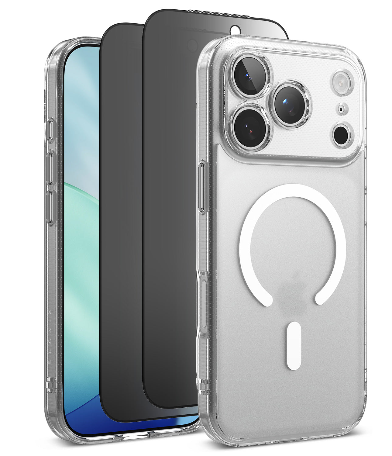 [Bundle] iPhone 18 Pro / Pro Max | Fusion Magnetic + Privacy Protectors - Three transparent phone cases shown on smartphones against a white background, with the front case featuring a white MagSafe ring and a raised camera cutout.