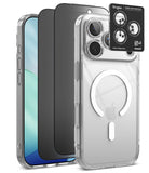 [Bundle] iPhone 18 Pro / Pro Max | Fusion Magnetic + Privacy Protectors - Three transparent phone cases shown on smartphones against a white background, with a black Ringke camera lens protector sticker applied to the right case. The Ringke brand is visible on the protector.