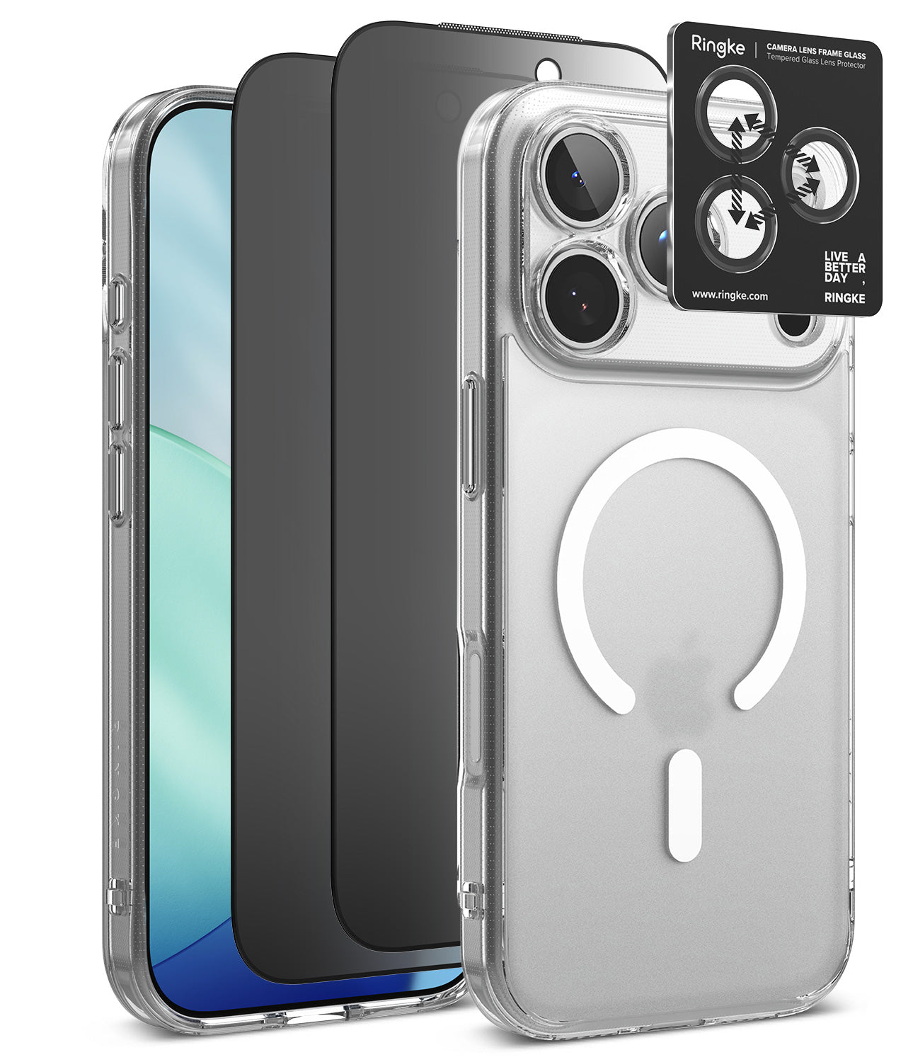 [Bundle] iPhone 18 Pro / Pro Max | Fusion Magnetic + Privacy Protectors - A clear protective phone case with a white MagSafe ring is shown on a smartphone, alongside black privacy film and a black Ringke camera lens protector overlay, on a clean white background.
