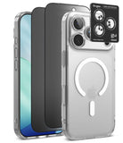 [Bundle] iPhone 18 Pro / Pro Max | Fusion Magnetic + Privacy Protectors - A clear protective phone case with a white MagSafe ring is shown on a smartphone, alongside black privacy film and a black Ringke camera lens protector overlay, on a clean white background.