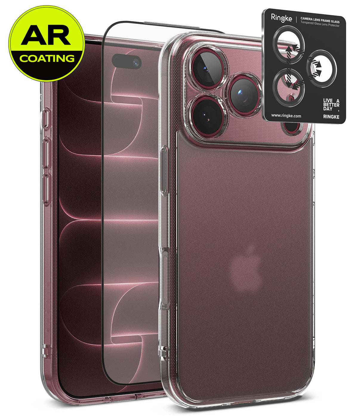 [Bundle] iPhone 18 Pro / Pro Max | Fusion + AR Protectors - Clear protective phone case shown on a smartphone, with two AR-coated screen protectors and a Ringke camera lens protector sticker displayed beside it on a white background.