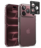 [Bundle] iPhone 18 Pro / Pro Max | Fusion + Protectors - A clear protective phone case shown on a smartphone, with a black Ringke camera lens protector sticker applied to the upper left corner of the case. The Apple logo is visible through the transparent case, indicating the phone is an iPhone.
