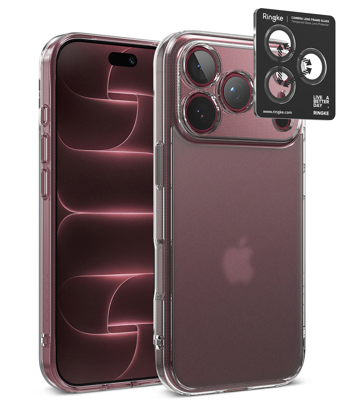 [Bundle] iPhone 18 Pro / Pro Max | Fusion + AR Protectors - A clear protective phone case shown on a smartphone, with a black Ringke camera lens protector sticker applied to the upper left corner of the case. The Apple logo is visible through the transparent case, indicating the phone is an iPhone.