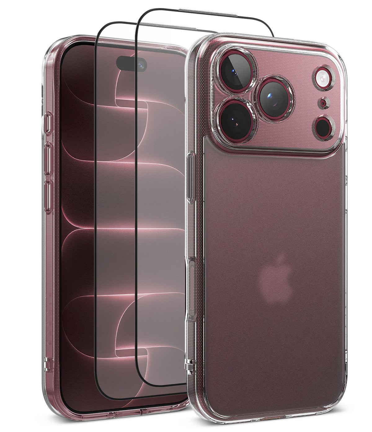 [Bundle] iPhone 18 Pro / Pro Max | Fusion + Protectors - Clear protective phone case with a raised camera bumper shown on a smartphone, alongside two black tempered glass screen protectors, on a white background.