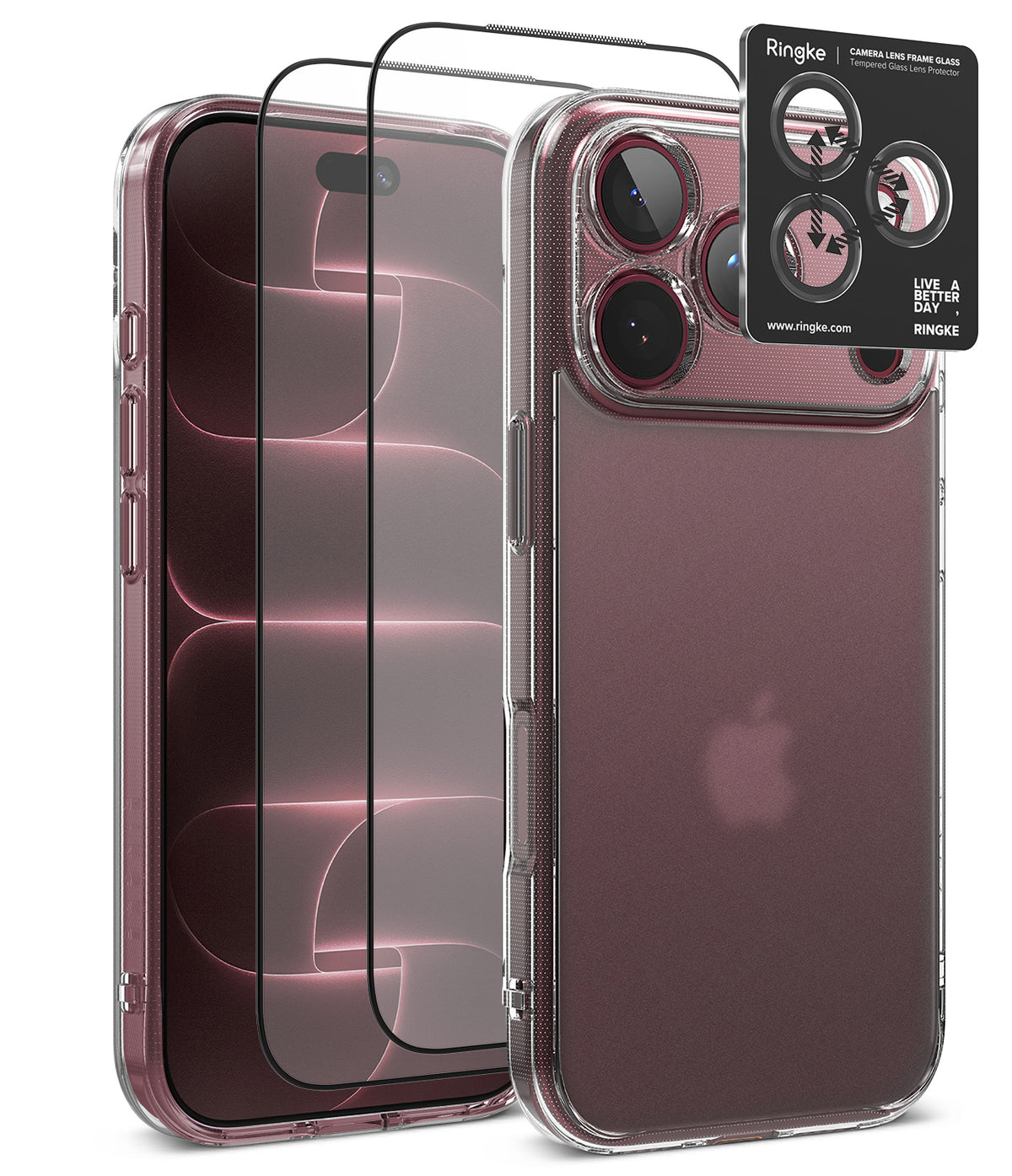 [Bundle] iPhone 18 Pro / Pro Max | Fusion + Protectors - Clear protective phone case shown on a smartphone, with two black tempered glass screen protectors and a black Ringke camera lens protector sticker displayed beside it on a white background.