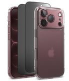 [Bundle] iPhone 18 Pro / Pro Max | Fusion + Privacy Protectors - Three transparent phone cases shown on smartphones against a white background, with the front case on the right in sharp focus and the other two cases layered behind it in soft focus.