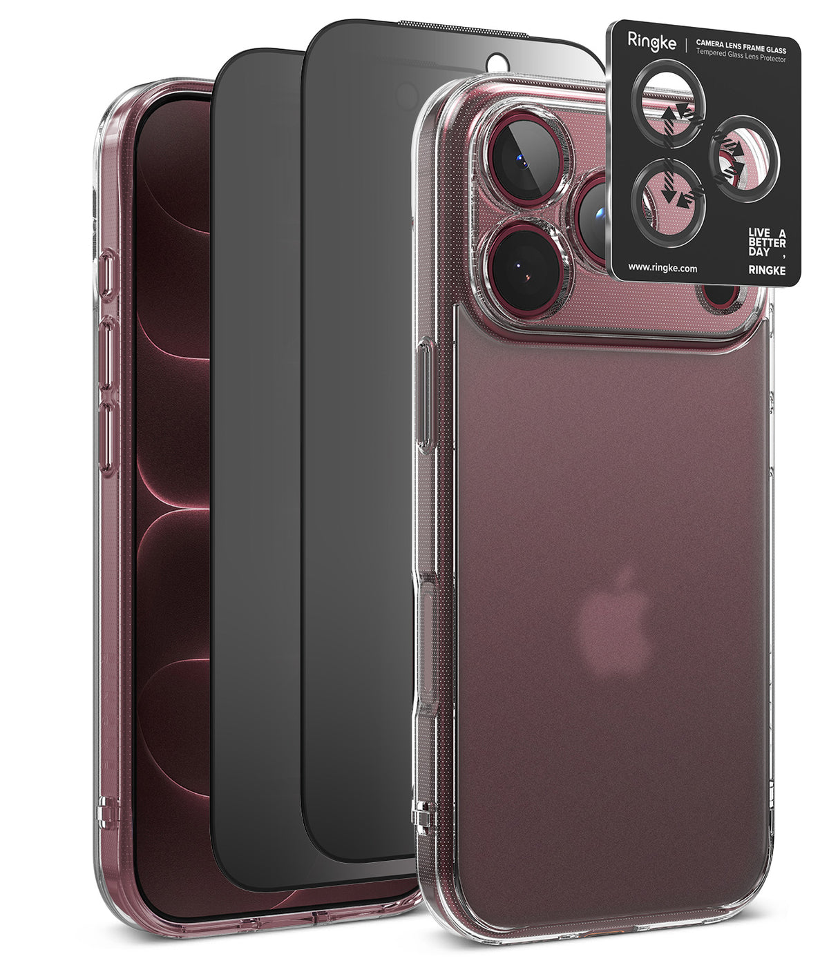 [Bundle] iPhone 18 Pro / Pro Max | Fusion + Privacy Protectors - Three smartphone camera lens protectors shown on the back of phones: a clear protector on a light phone, a dark gray protector on a black phone, and a black Ringke camera lens protector overlay with four circular cutouts, all on a white background.