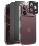 [Bundle] iPhone 18 Pro / Pro Max | Fusion + Privacy Protectors - Three smartphone camera lens protectors shown on the back of phones: a clear protector on a light phone, a dark gray protector on a black phone, and a black Ringke camera lens protector overlay with four circular cutouts, all on a white background.