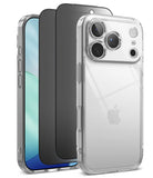[Bundle] iPhone 18 Pro / Pro Max | Fusion + Privacy Protectors - Three clear protective phone cases shown on smartphones against a white background, with the front case on the right in sharper focus.