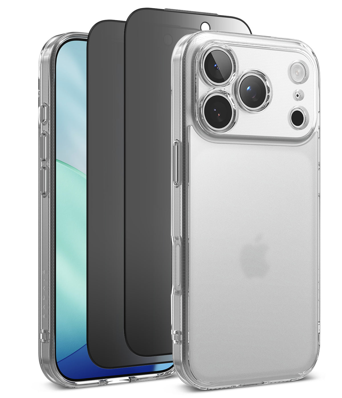 [Bundle] iPhone 18 Pro / Pro Max | Fusion + Privacy Protectors - Three transparent phone cases shown on smartphones against a white background, with the front case on the right in sharp focus and the other two cases layered behind it in soft focus.