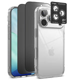 [Bundle] iPhone 18 Pro / Pro Max | Fusion + Privacy Protectors - Three smartphone camera lens protectors shown on phones: a clear case with a black lens protector, a black protector, and a clear case with a clear lens protector. A black Ringke camera lens protector card is shown at the top right.