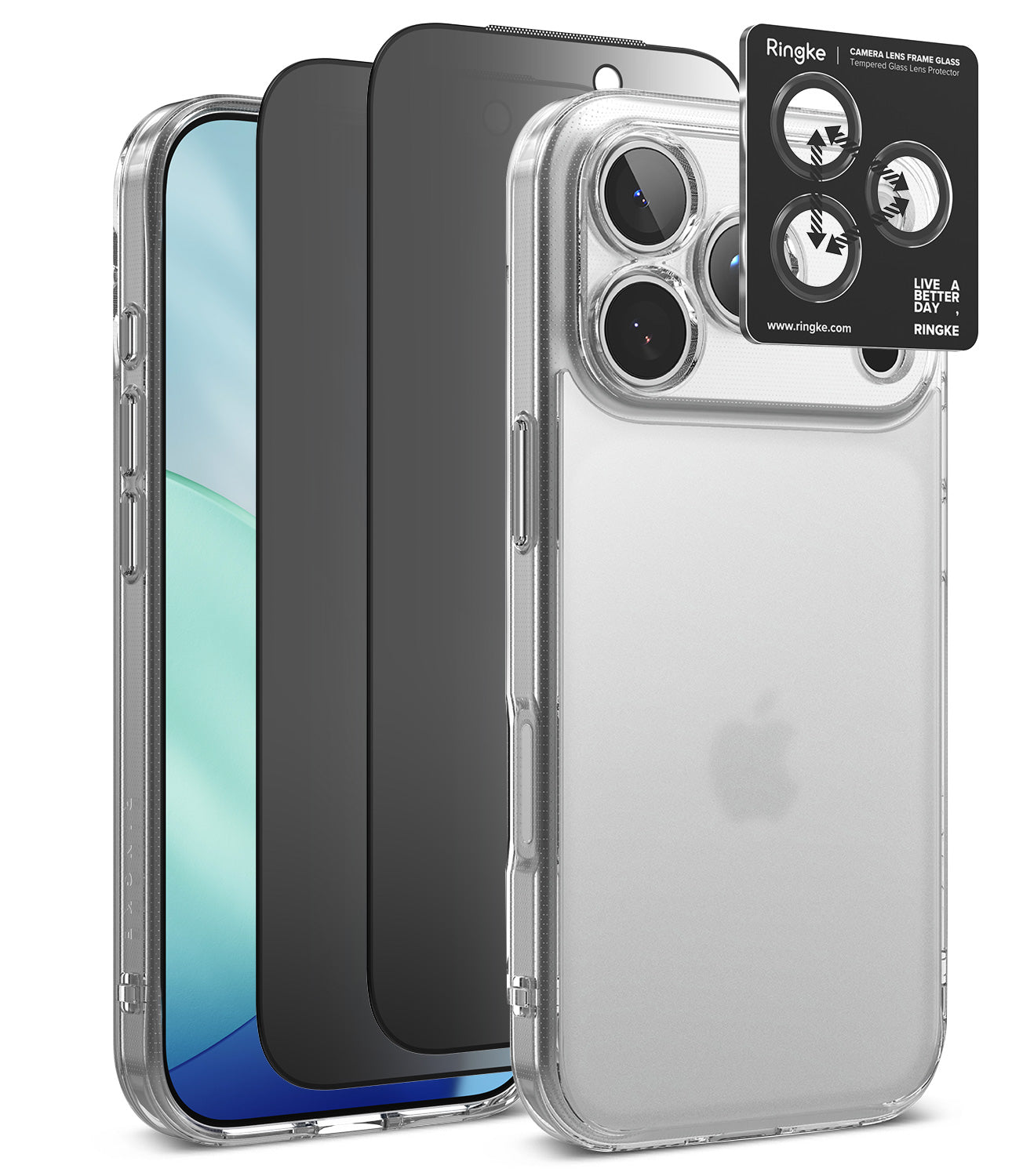 [Bundle] iPhone 18 Pro / Pro Max | Fusion + Privacy Protectors - Three smartphone camera lens protectors shown on the back of phones: a clear protector on a light phone, a dark gray protector on a black phone, and a black Ringke camera lens protector overlay with four circular cutouts, all on a white background.