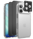[Bundle] iPhone 18 Pro / Pro Max | Fusion + Privacy Protectors - Three smartphone camera lens protectors shown on the back of phones: a clear protector on a light phone, a dark gray protector on a black phone, and a black Ringke camera lens protector overlay with four circular cutouts, all on a white background.