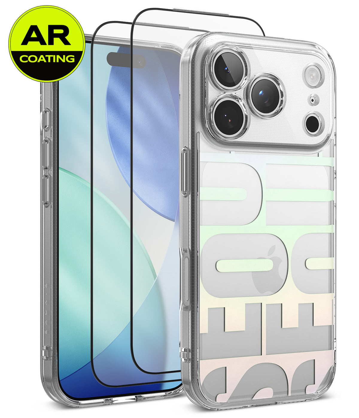 [Bundle] iPhone 18 Pro / Pro Max | Fusion Design + AR Protectors - Clear protective phone case with a holographic iridescent letter pattern on the back, shown alongside two black AR-coated screen protectors and a green circular 'AR COATING' badge. The phone inside the case appears to be an iPhone.