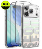 [Bundle] iPhone 18 Pro / Pro Max | Fusion Design + AR Protectors - Clear protective phone case with a holographic iridescent letter pattern on the back, shown alongside two black AR-coated screen protectors and a green circular 'AR COATING' badge. The phone inside the case appears to be an iPhone.